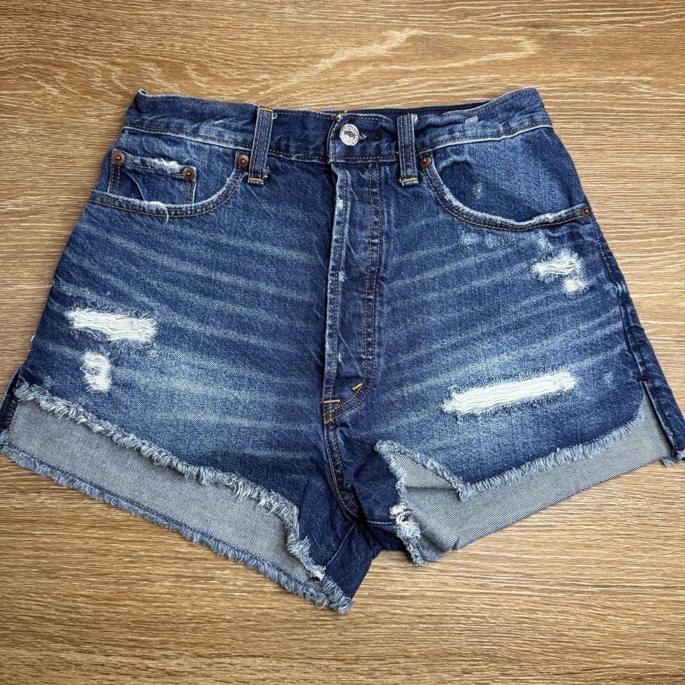 Abercrombie & Fitch High Rise Distressed Denim Shorts Women's Size 25 Raw Hem